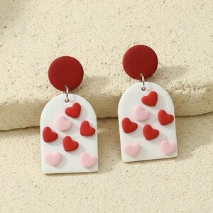 Heart Pattern Arch Dangle Studs - Handmade Clay Earrings - Valentine’s Day